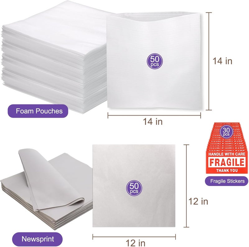 VIOBEPASS 130 Pcs Moving Supplies Set, 50 Pcs 14'' x 14'' Foam Pouches & 50 Sheets 12'' x 12'' Packing Paper & 30 Pcs Fragile Stickers, Packing Foam Pouches and Newsprint Paper for Protecting Dishes Cup China - Image 2